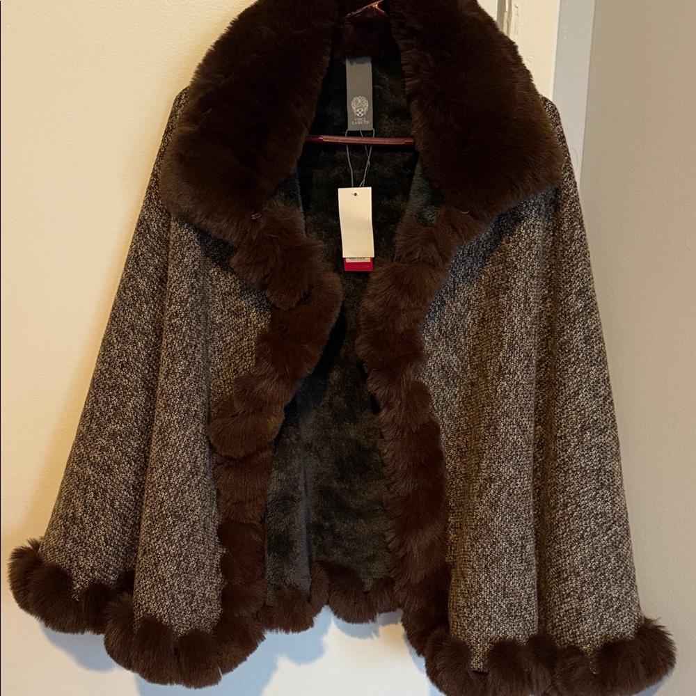 **NEW WITH TAGS** - Vince Camuto Brown Faux Fur Trimmed Women's Sweater Cape